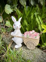 Bunny met bloemenkar roze/bruin 11 cm hoog - Paascollectie - voorjaar - Paashazen - hoogkwalitatieve kunststof - decoratiefiguur - interieur - accessoire - voor binnen en buiten - cadeau - geschenk - PASEN