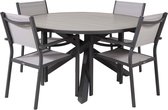 Parma tuinmeubelset tafel Ø140cm donkergrijs, 4 stoelen Copacabana grijs.