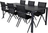 Break tuinmeubelset tafel 90x205cm zwart, 6 stoelen Alina zwart.