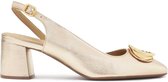 Gold pumps with open heel and metal embellishment on the nose