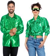 Jaren 80 & 90 Kostuum | Groene Ruchesblouse Satijn Foute Disco | Maat 58 | Carnaval kostuum | Verkleedkleding