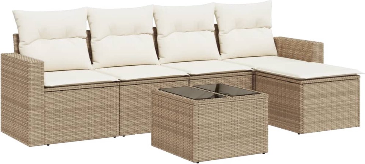 vidaXL 6-delige - Loungeset - met - kussens - poly - rattan - beige