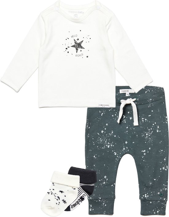 Noppies - Kledingset - Unisex - 4delig - Broek Jos Dark Slade - Shirt Lux Snow - 2paar sokjes Snow - Maat 68