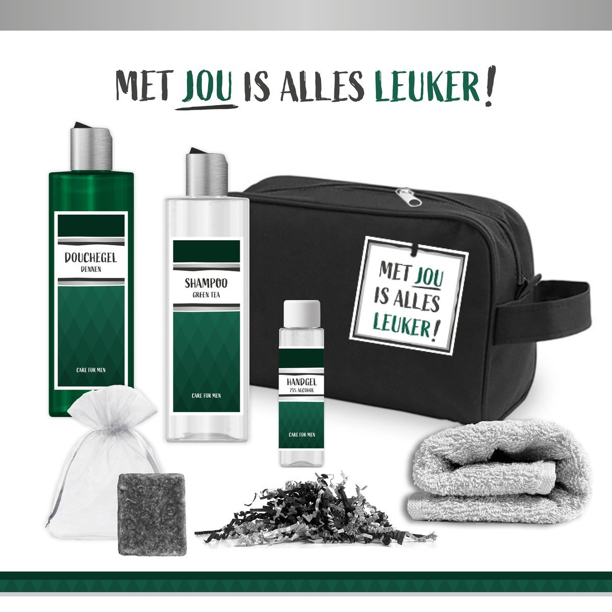 Goedkoopste Geschenkset Met jou is alles leuker! - 6 Producten - 630 Gram | Toilettas zwart - Giftset voor hem - Luxe Cadeau man - Cadeautje Vaderdag - Verjaardag - Wellness Pakketje Douchegel Dennen - Cadeaupakket - Vader - Broer - Vriend - Collega - Groen