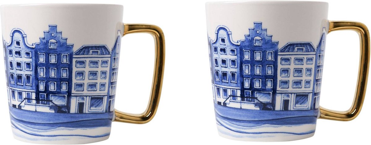 Heinen Delftsblauw set van 2 bekers Grachtenpand 300 ml Delfts blauw met gouden oor