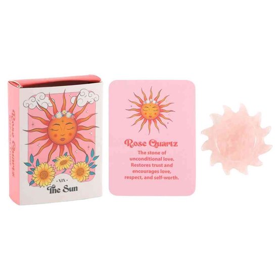 Soleil de pierre précieuse de quartz rose - Pierre souvenir dans une boîte - H8,5 cm x L6,5 cm x P2,5 cm