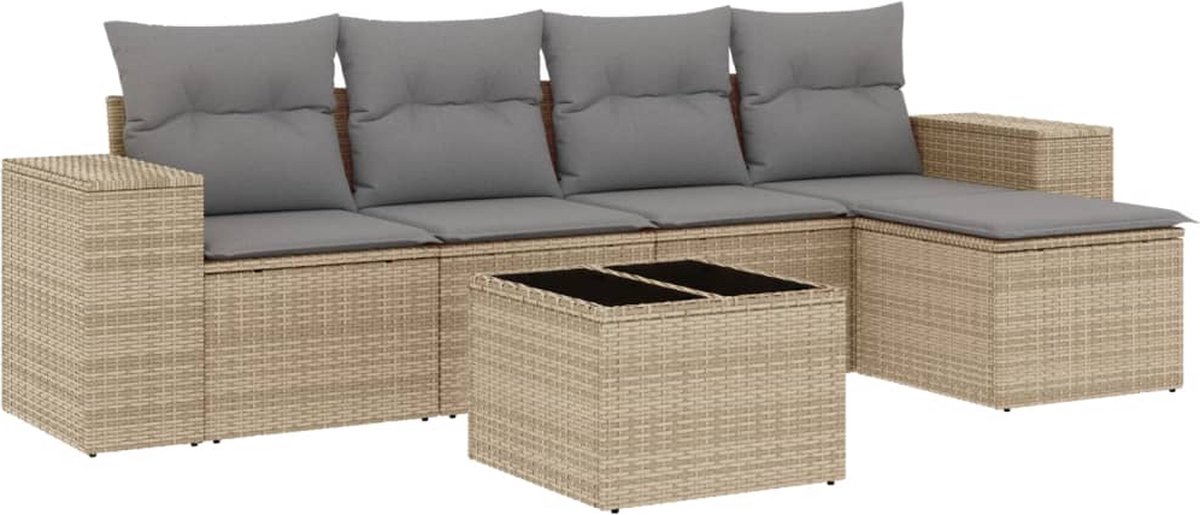 vidaXL 6-delige - Loungeset - met - kussens - poly - rattan - beige