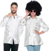 Jaren 80 & 90 Kostuum | Witte Ruchesblouse Satijn Foute Disco | Maat 52 | Carnaval kostuum | Verkleedkleding