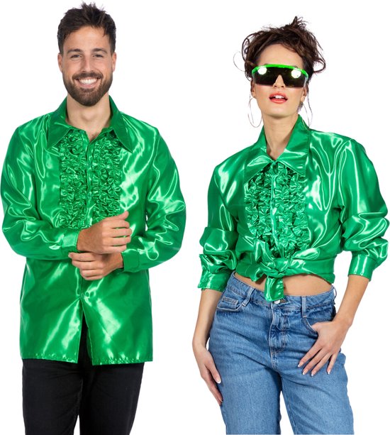 Jaren 80 & 90 Kostuum | Groene Ruchesblouse Satijn Foute Disco | Maat 52 | Carnaval kostuum | Verkleedkleding