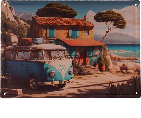 Foto: Metalen wandbord 3d relief blauw wit oldtimer campervan mediteraanse kust homedeco 40 5x28cm