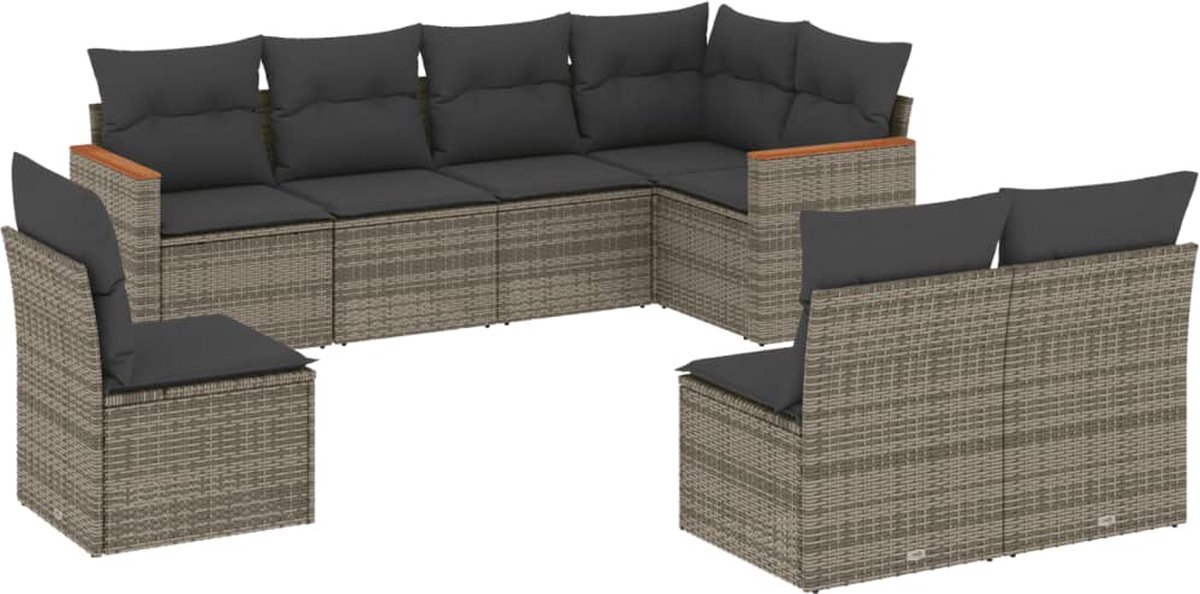 VidaXL 8-delige Loungeset met kussens poly rattan grijs