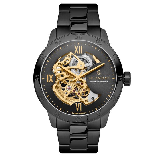 Seizmont Dante II zwart skelethorloge met goudkleurig uurwerk voor heren
