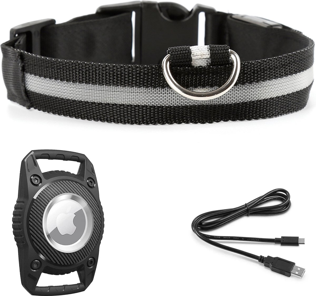 LED Halsband + Airtag houder - Waterdicht - Schockbestendig - Maat S 28 - 38cm - Zwart - Sterk licht - Usb Oplaadbaar - Hond - Inclusief Oplader - AdorePets