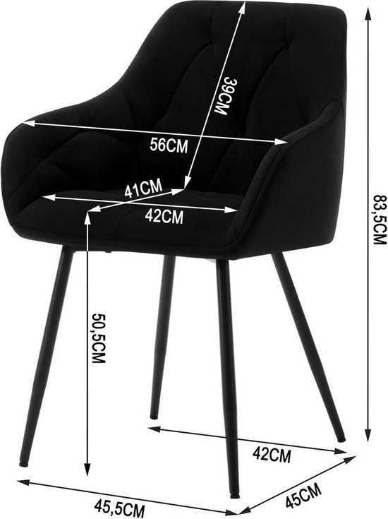 BukkitBow - Set de 2 Chaises de salle à manger - Velours et métal - Design ergonomique - Capacité de charge 120 kg - Zwart