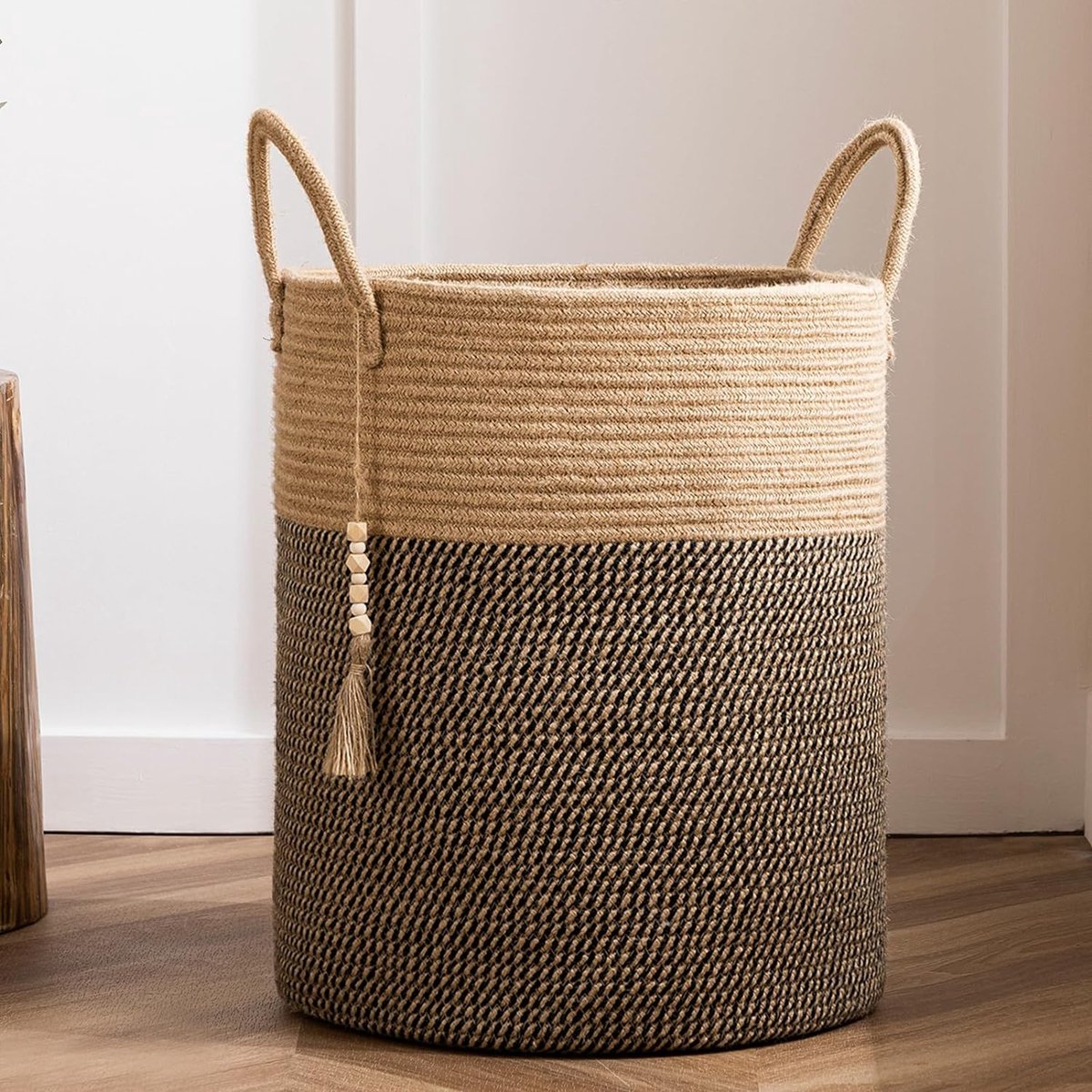 Goedkoopste Opbergmand van katoen voor handdoeken - wasmand voor speelgoed en handdoekmand voor badkamer - gevlochten mand 2-kleurig zwart en bruin