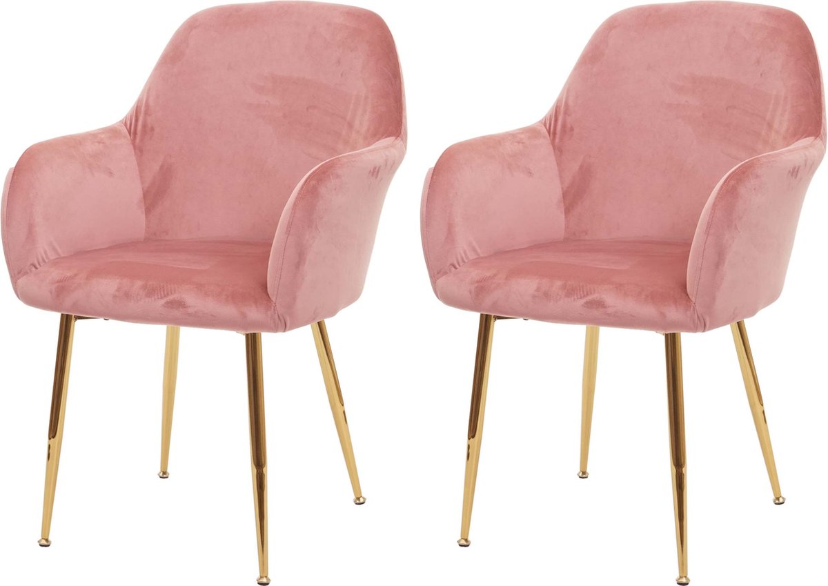 Cosmo Casa Set van 2 eetkamerstoelen - Keukenstoel - Retro-ontwerp - Fluweel Oudroze - Gouden Poten