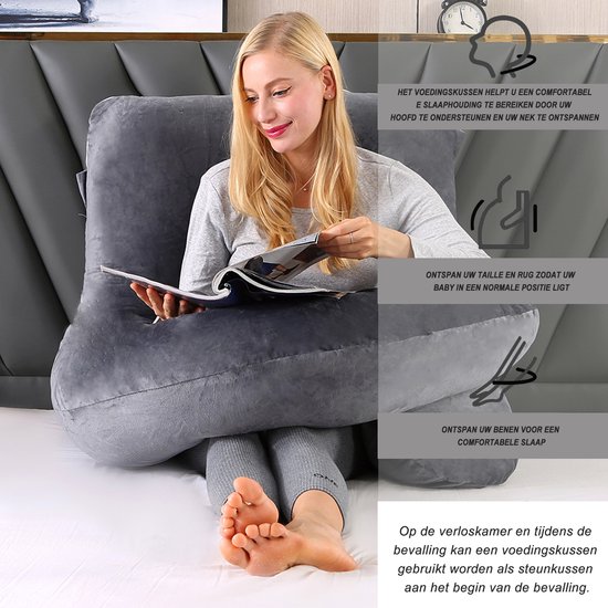 CALIYO Zwangerschapskussen XXL - 270 cm - Afneembare Hoes - Zijslaapkussen / Body Pillow / Lichaamskussen / Voedingskussen - Donkergrijs van CALIYO — afbeelding 4