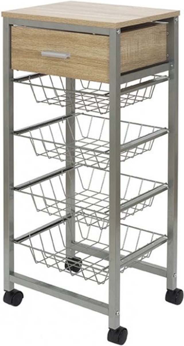 Keukentrolley op Wieltjes - 4 Uitneembare Manden - 1 Lade - 33,5 x 36 x H68 cm