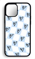 Ako Design Apple iPhone 12 / 12 pro hoesje - Ruiten hartjes patroon - blauw - TPU Rubber telefoonhoesje - hard backcover