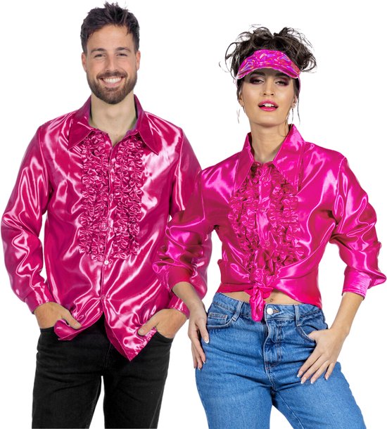 Jaren 80 & 90 Kostuum | Roze Ruchesblouse Satijn Foute Disco | | Carnaval kostuum | Verkleedkleding