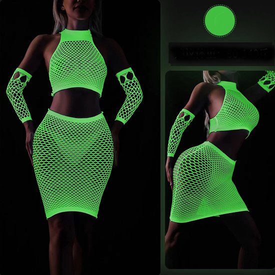 4-delige Neon deluxe outfit Glow in the dark lingerie Mouwen