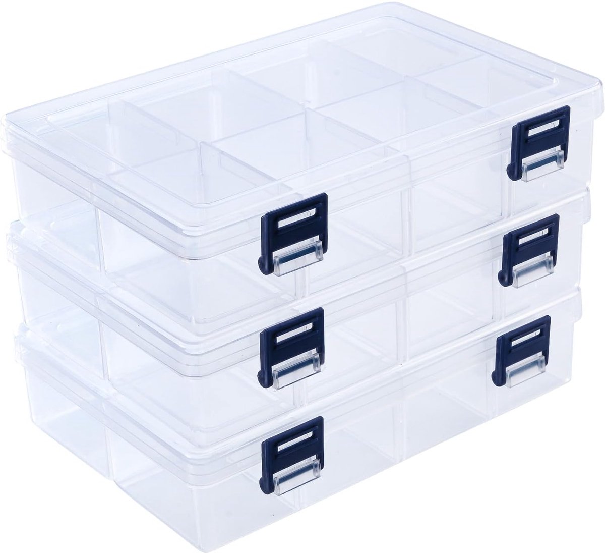 3 stuks x 8 rastervakken opbergdoos plastic transparant stapelbaar instelbare vakken voor het organiseren van naaigaren spoelen kralen sieraden speelgoed oorbel