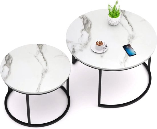 HeyHeaven® Tables basses Rondes Marbre Wit lot de 2 – Table d'Appoint Zwart – Table Basse Ronde MDF Aspect Marbre Ø70 & Ø50cm