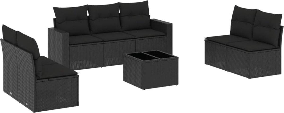 vidaXL 8-delige - Loungeset - met - kussens - poly - rattan - zwart
