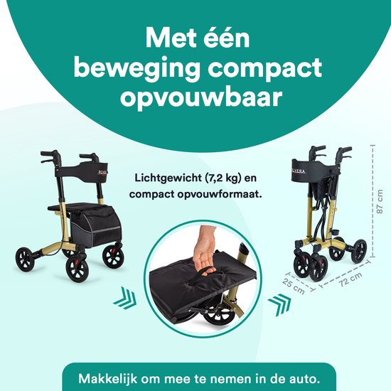 Rollator in uitgevouwen en compacte, opgevouwen staat, met afmetingen