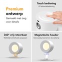 Luminize wandlamp met premium ontwerp. Touch bediening en 360° roteerbare magnetische houder. Makkelijk aan te passen schijnhoek.