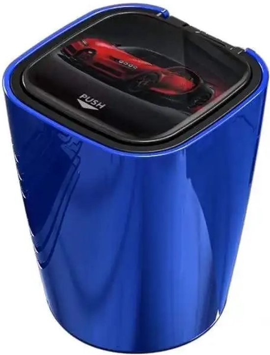 Blauwe aut asbak met een rode sportwagen op de deksel en een 'PUSH' knop.