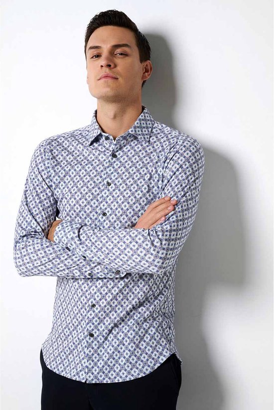 Desoto - Overhemd Kent Print Blauw - Heren - Maat S - Slim-fit
