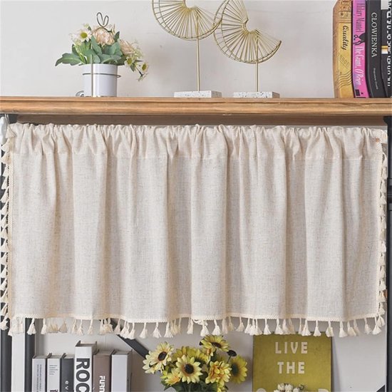 Foto: Kort paneelgordijn bistrogordijn ondoorzichtig bohogordijn linnen katoen beige pure effen kleur kort gordijn met kwastjes voor keuken woonkamer slaapkamer 1 stuk b 150 x h 60 cm