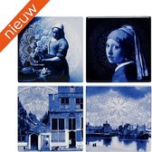 4 onderzetters - Heinen Delftsblauw - Vermeer - meisje met de parel - melkmeisje - blauw - wit - keramiek - kurk