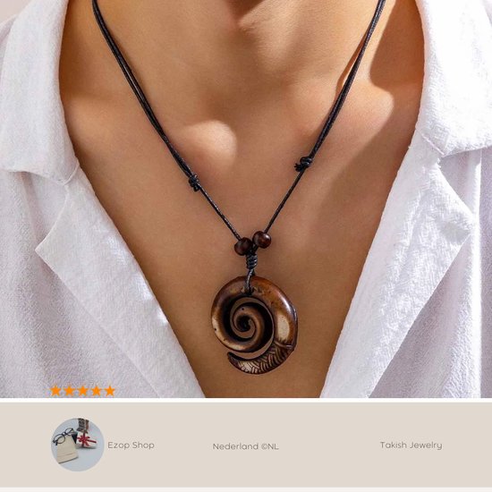 Collier pendentif ethnique en spirale avec Perles en bois et longue corde réglable pour hommes et femmes
