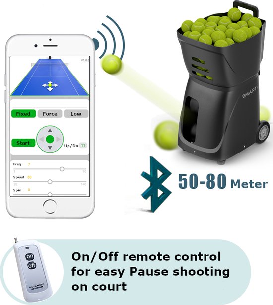 Smart Pri tennis / padel ballenmachine - topspin / slice - compact en kan met goede snelheid op vaste posities schieten - hoog / laag variatie