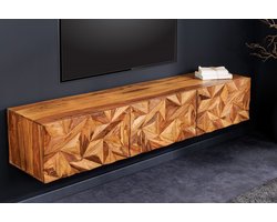Hangend tv-lowboard ALPINE 160 cm naturel sheesham massief hout steenafwerking metaal mat goud