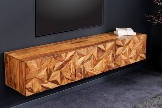 Hangend tv-lowboard ALPINE 160 cm naturel sheesham massief hout steenafwerking metaal mat goud