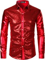 Chemisier de fête à paillettes scintillantes - Élégant - Fête - Chemise - Boutons - Rouge - Belle outfit - Pour lui - Homme