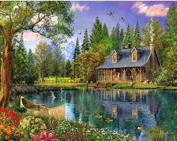 foto van Diamond Painting Huisje aan Meer - 30x40cm - Complete Set - Inclusief Tools - Stipco