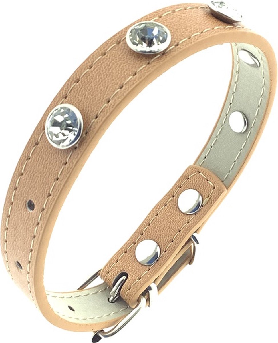 Honden halsband - Leder - Khaki - Met zirkonia stenen - Instelbaar van 19cm t/m 26,5cm - Let op! : Meet eerst de hals van uw huisdier voordat u besteld !