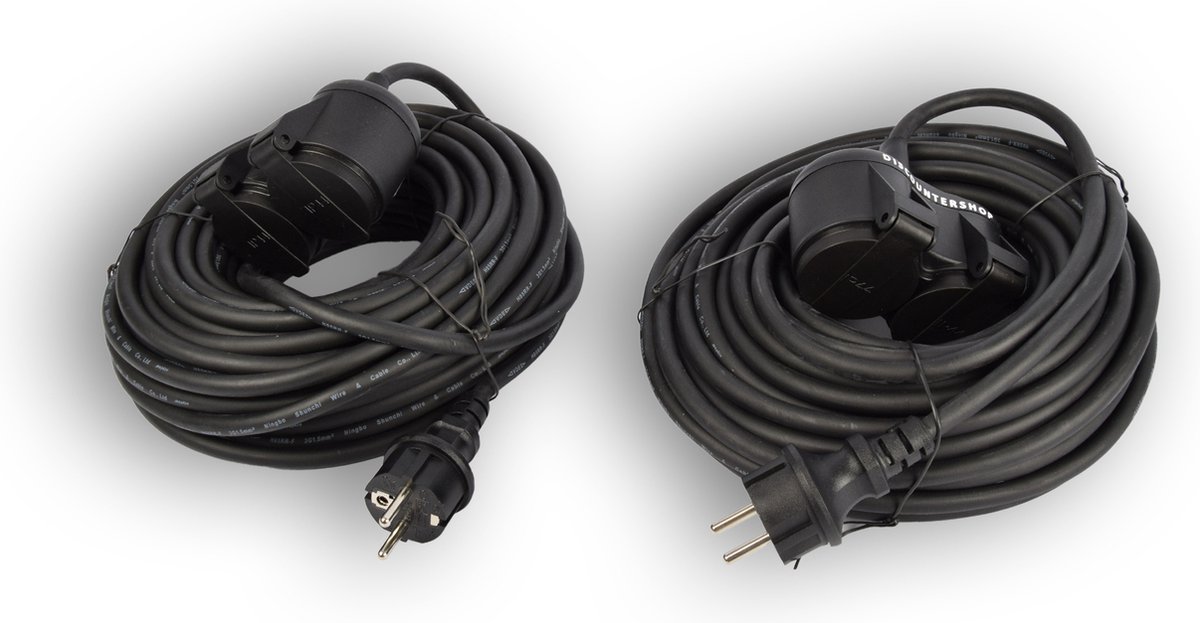 Set van 2 Verlengsnoer met Stopcontacten - Rubberen Verlengsnoer 20 Meter elk - 2 Stekker Aansluitingen - IP44 Waterdicht - 3500W - 230V - Geschikt voor Klussen & Elektronica