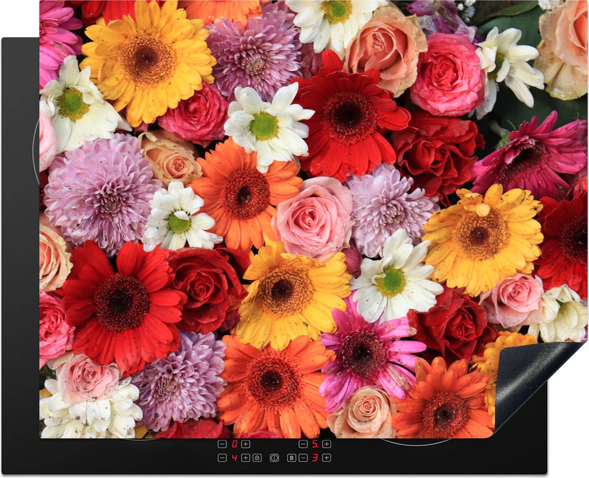 KitchenYeah® Inductie beschermer 65x52 cm - Bloemen - Kleuren - Gerbera - Rozen - Kookplaataccessoires - Afdekplaat voor kookplaat - Inductiebeschermer - Inductiemat - Inductieplaat mat