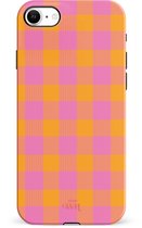 xoxo Wildhearts Brunch o'clock hoesje Single Layer - Hoesje met ruiten geschikt voor iPhone SE 2020 / 2022 hoesje - Dames hoesje geschikt voor iPhone 7/8 - Kleurrijk hoesje - shockproof case - Geruit hoesje - oranje / paars