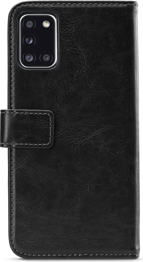 Étui de téléphone noir en cuir avec boucle, adapté au Samsung Galaxy A31, avec découpe pour appareil photo.
