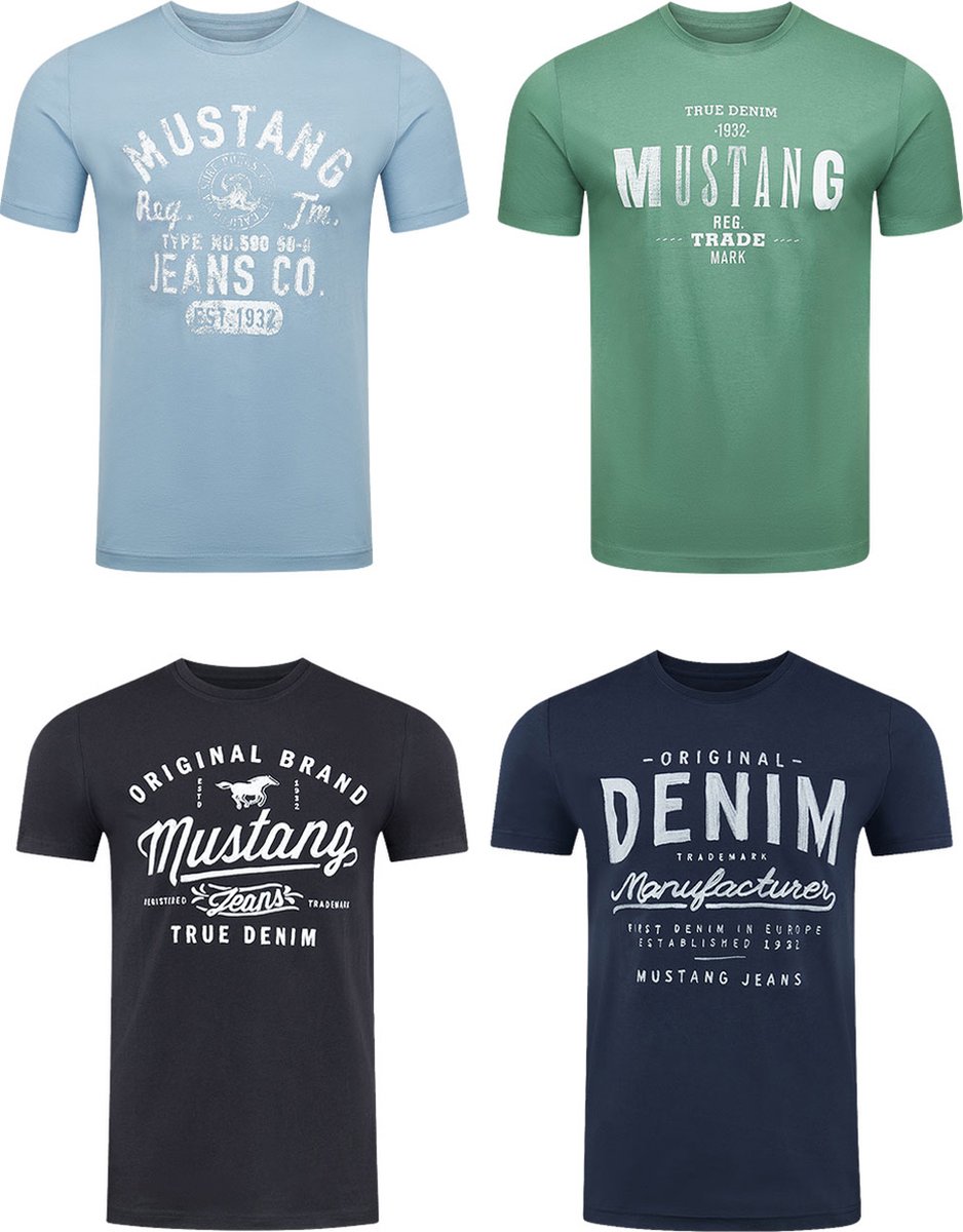 Mustang Heren T-Shirt 4-pack Mustang heren-T-shirt regular fit Veelkleurig M Ronde Hals Volwassenen Opdruk Print Shirts