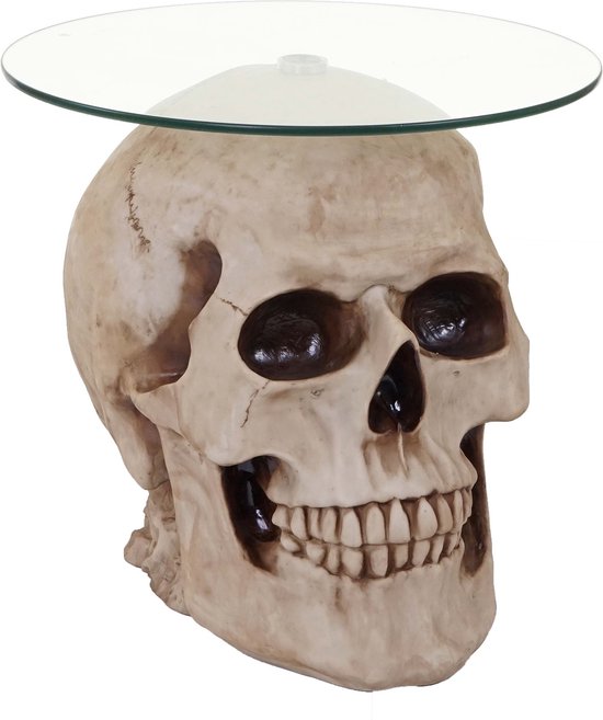 Bijzettafel schedel MCW-A19, glazen tafel woonkamertafel salontafel schedel, polyresin rond Ø55cm naturel