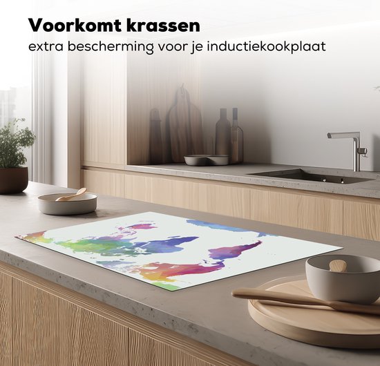 KitchenYeah® Inductie beschermer 80x52 cm - Wereldkaart - Kleuren - Modern - Kookplaataccessoires - Afdekplaat voor kookplaat - Inductiebeschermer - Inductiemat - Inductieplaat mat
