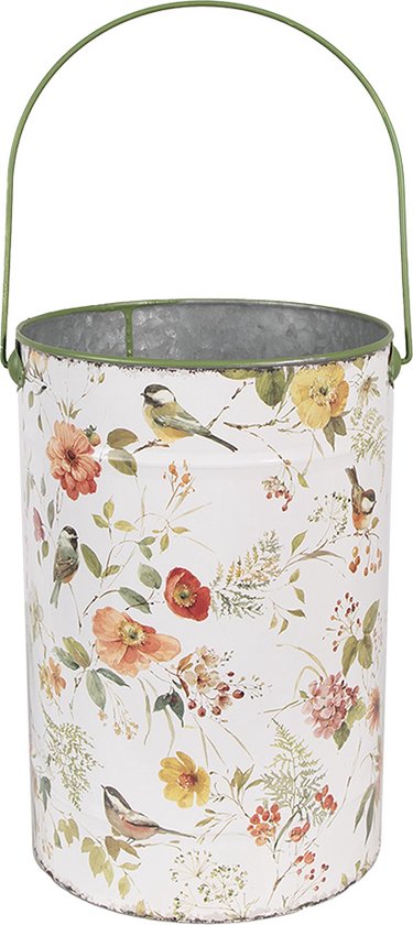 Witte metalen emmer met hoog groen handvat en een print van rode, oranje en gele bloemen en vogels.
