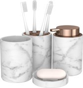 Badkamerset 4-delig, met tandenborstelbeker, tandenborstelhouder, zeepbakje en zeepdispenser, badkamer accessoires met mooie accessoires in marmerlook (wit met koper)